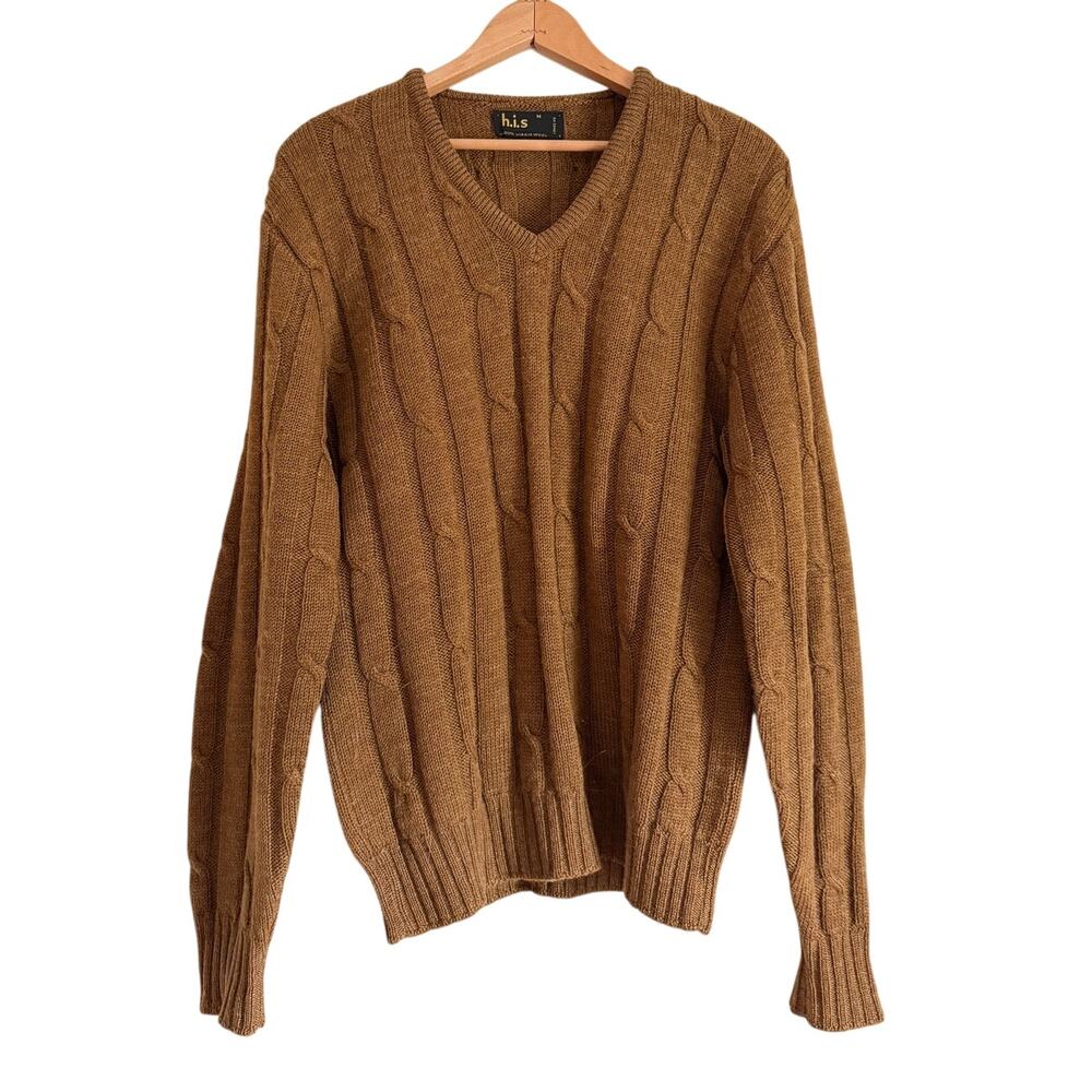 Vintage Cable Knit Sweater Mens 100% Virgin Wool Brown V-Neck Grandpa Classic